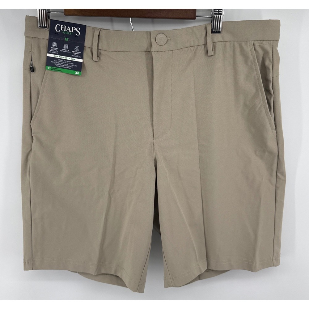 Chaps Golf Performance FF Slim Fit Shorts Mens 34 Hampton Khaki Stretch 9 Inseam